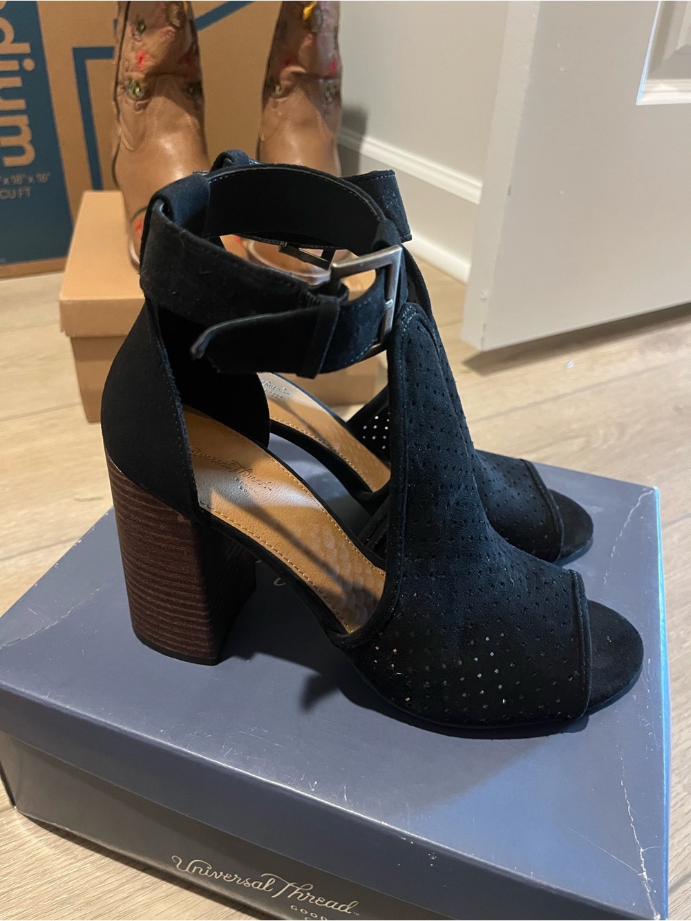 Black Perforated Block Heel Sandals with Ankle Strap